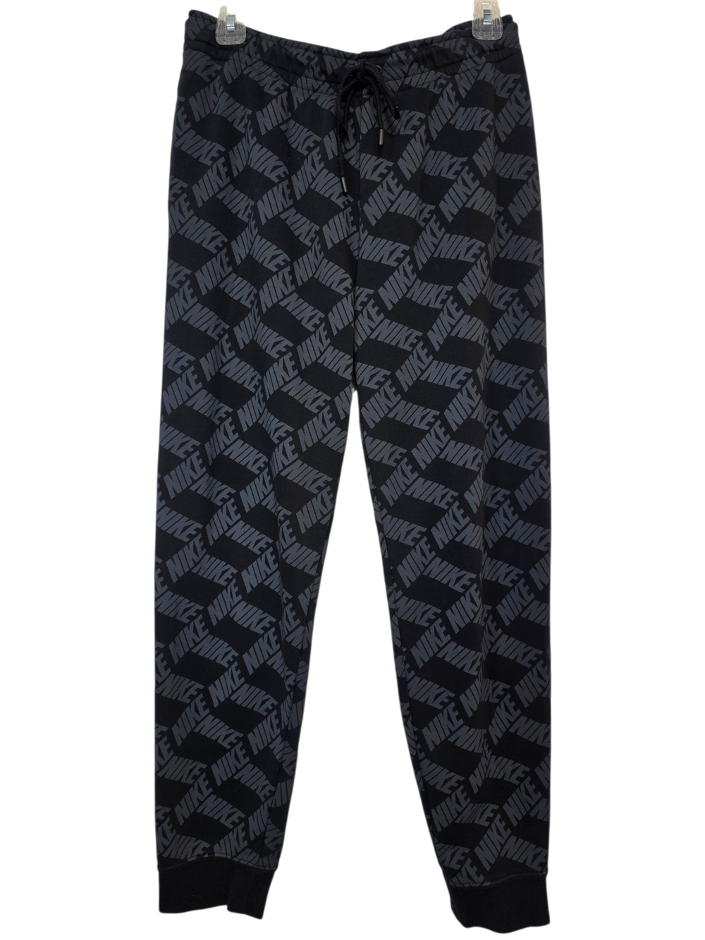 Nike Black & Gray All-Over Logo Fleece Jogger Pants Pockets Drawstring Size L
